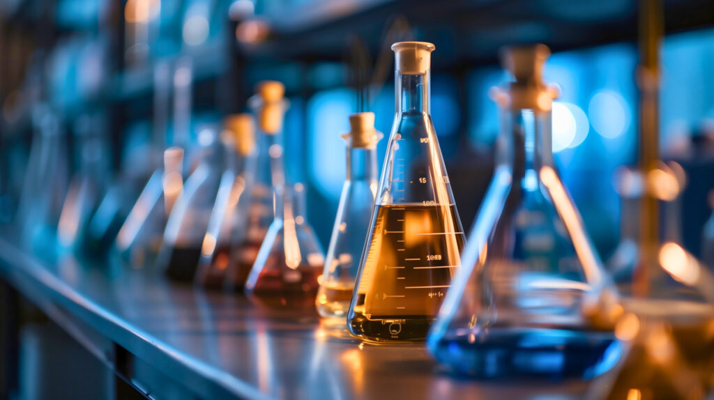 Laboratory environment with chemical containers and analysis equipment showcasing Syspro's purpose-built solutions for chemical manufacturers